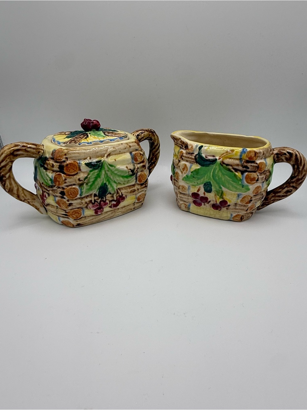 Vintage Wicker Hand-Painted Ceramic Sugar and Creamer Set in Yellow and Green